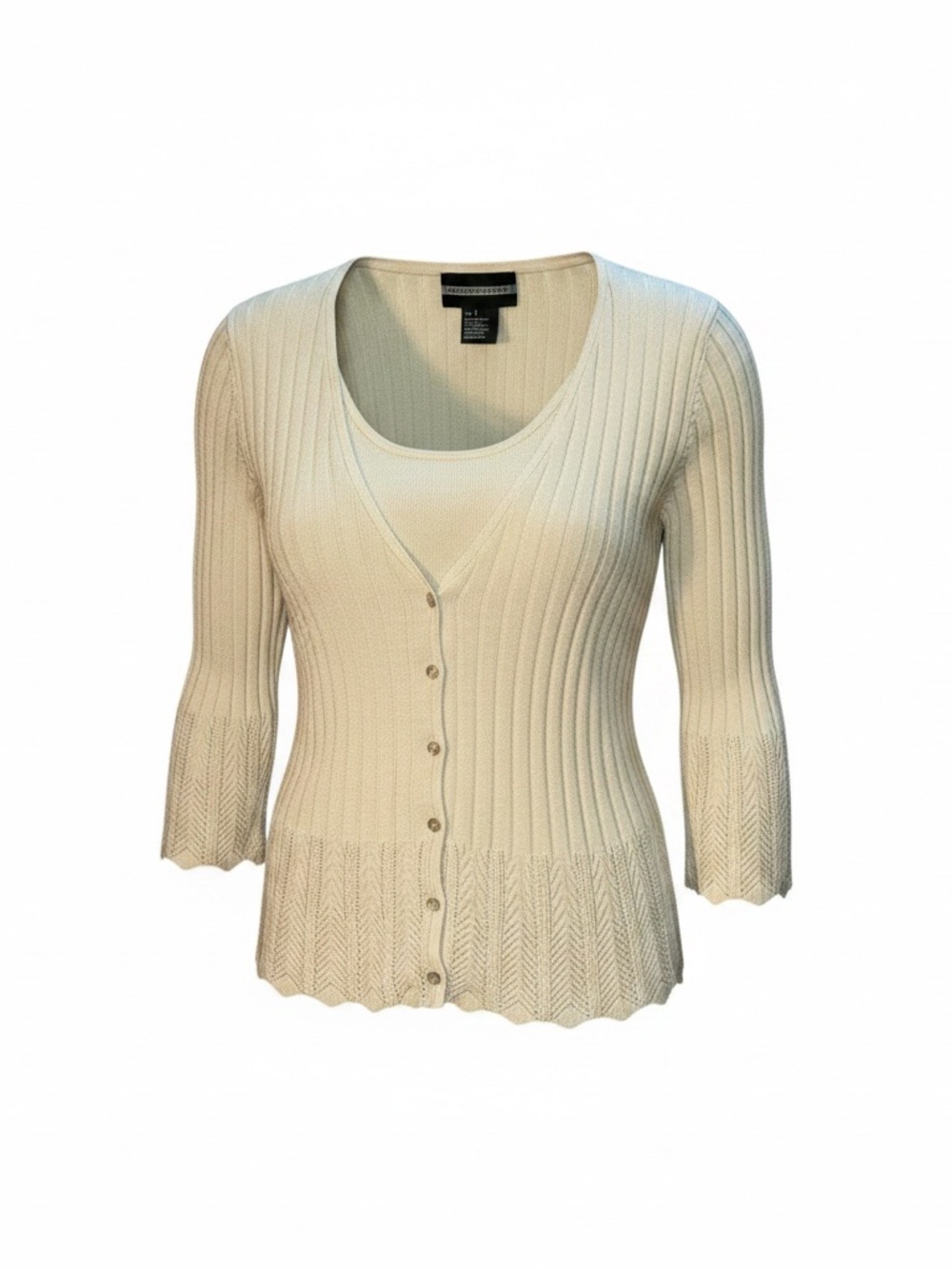 Requirements Cream Ribbed Button-Front Layered One Piece 3/4 Sleeve Cardigan